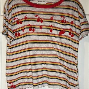 Free People Cherry Embroidered Striped Tee
